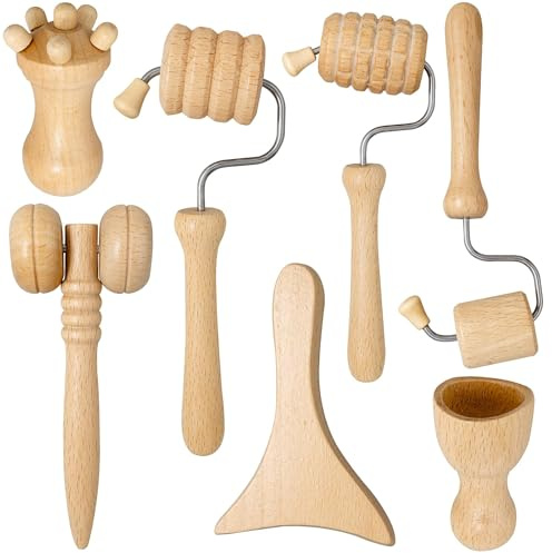 Juego de 7 herramientas de masaje de madera para terapia facial, gua sha, meroterapia, rodillos para esculpir la cara, kit de herramientas de masaje para mujeres, hombres y niñas, relajarse, cuerpo