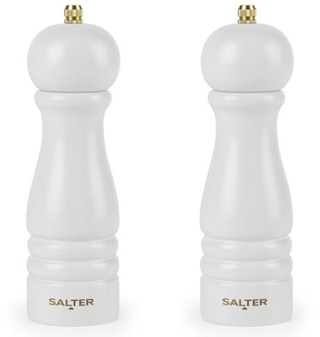 Salter Olea Salt & Pepper Grinder Set of 2 – Single Wooden Seasoning Mill, Adjustable Grind Coarse to Fine, Ceramic Mechanism, Manual Grinding for Salt Crystals & Whole Peppercorns, Rustic, Grey