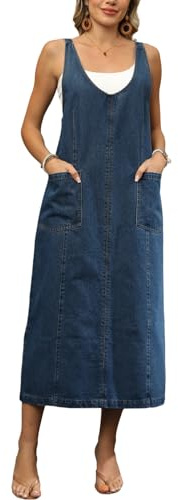 yoeasy Women's V Neck Sleeveless Denim Overall Dress Adjustable Strap Vintage Back Slit Midi Jean Dress with Pockets (Medium, Dark Blue)