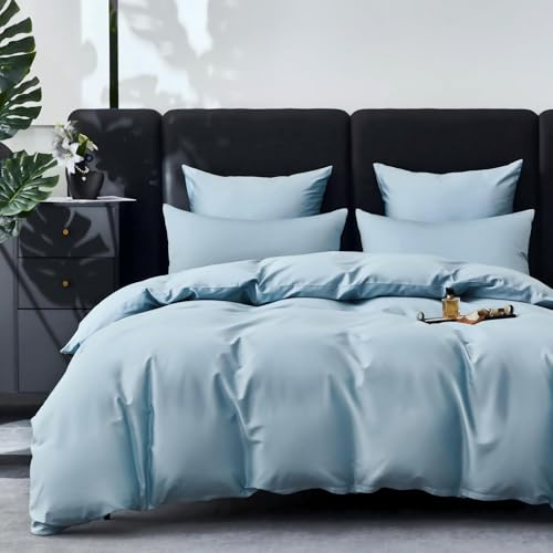 YASMENG Copripiumino in raso di cotone 240 x 260 blu chiaro 100% cotone raso biancheria da letto morbida setosa traspirante Lyocell seta biancheria da letto matrimoniale con cerniera e federa 65 x 65