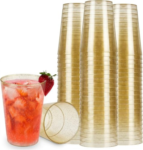 30PCS Clear Plastic Cups, Gold Glitter Plastic Reusable Drinking, 350ML