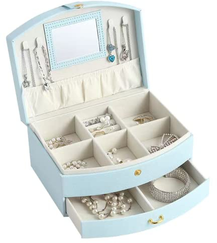 Larlary Schmuckkästchen, Schmuckkästchen mit Schlössern für Schubladen und Spiegel, Reise-Schmuckkästchen, Ringe, Armbänder, Ohrringe, Halsketten, Schmuckkästchen für Damen (Blau)