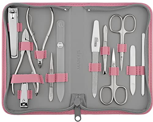 marQus Solingen Maniküre Pediküre Set - 12 Teile in Echt Leder Etui handlich und weich - Komplett Kit mit allem für die Hand- und Fußpflege, Nagelset Rosa