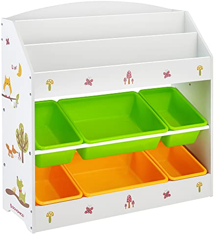 Songmics Childrens GKR44WTV1 Storage Cabinet, 3-Tier Bookshelf and 6 Removable Storage Containers for Nursery Storage Cupboard - Multicoloured, White