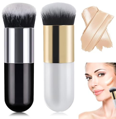 Pinceau cosmétique Pinceau de Maquillage, Poignée Simple Grande Tête Doux Ronde pour Fond de Teint Poudre BB Crème, Brosse Cosmétiques Maquillage Outil(2 pièces,Or blanc et argent noir)