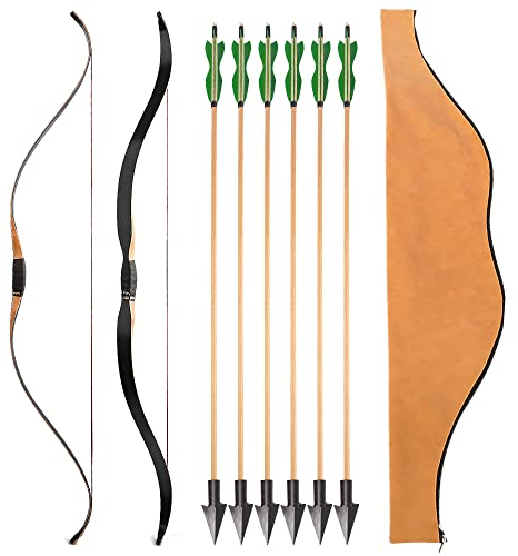 ZSHJGJR 55 Zoll 15-50 lbs Traditioneller Bogen Reiterbogen Jagdbogen Bogenschießen Handgefertigter Traditionelle Bogen Recurvebogen Langbogen mit Holzpfeil und Bogentasche (30 LBS)