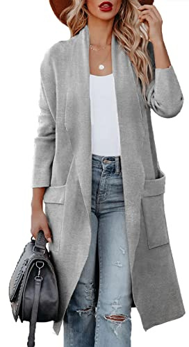Maavoki Strickjacke Damen Lang Offene Front Herbst Cardigan mit Tasche Casual Einfarbig Warm Strickmantel, Grau, M