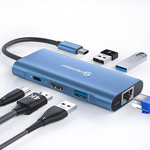 Hub USB C, UtechSmart 6 en 1 Adaptador USB C a HDMI con 1000M RJ45 Ethernet, Puerto de Carga PD 100W, Adaptador de 3 Puertos USB 3.0 Compatible para MacBook Pro, Chromebook y Dispositivos USB C(Azul)