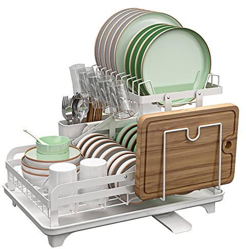 YunNasi Abtropfgestell Geschirr Faltbarer Dish Drainer mit Abtropfbrett 2 Ebenen Abtropfständer mit Utensilienhalter, Schneidebretthalter Metal Dish Organizer für Küchentheke (Weiß)