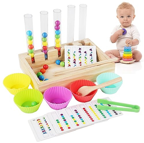 DAJASD Holz Clip Beads Brettspiel, Clip Perlen Puzzle Brettspiele, Holz Clip Perlen Spiel Puzzle Board mit Reagenzglas, Clip Beads Regenbogenspielzeug Vorschule Lernspielzeug Geschenk für 3 4 5 Jahre