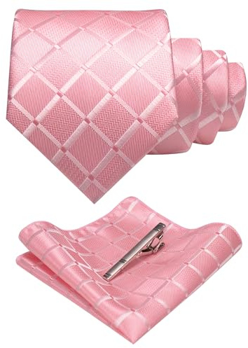 JEMYGINS Set Cravate Homme Motif Carreaux avec Pochette et Pince a Cravate pour Mariage Business et Ceremonie Rose