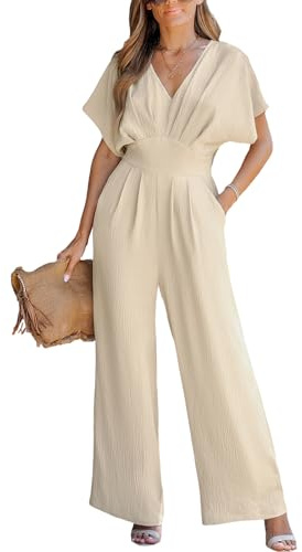 CUPSHE Mono de verano para mujer, con cuello en V, manga corta dolman, holgado, de pierna ancha, largo, de una pieza, para vacaciones, caqui, M