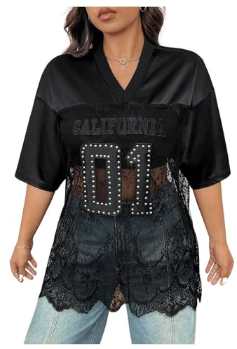 SOLY HUX Women's Plus Size Jersey Shirts Lace Sheer V Neck Half Sleeve Number Graphic Tees Casual T Shirt Black Letter Large Plus