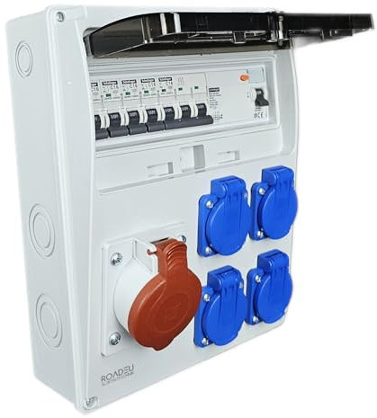 RoadEu - Quadro Elettrico di Distribuzione Industriale, presa CEE 16A con 4 prese Schuko da 230 V. Distributore di presa con interruttore di corrente residuale e interruttore automatico