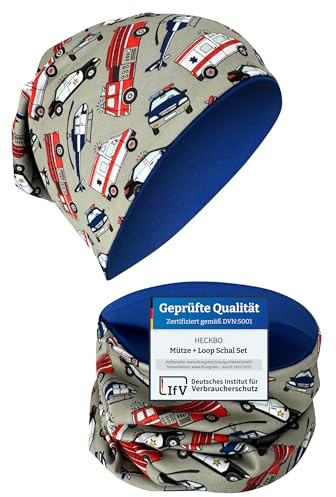 HECKBO Set Beanie e scaldacollo auto polizia – 2-8 anni – interno jersey – reversibile – bambina bambino – 95% cotone (48–54 cm)