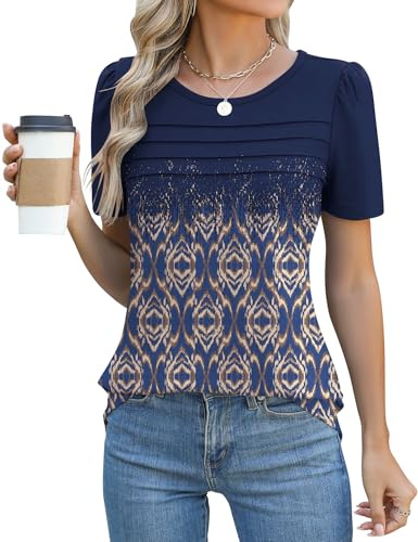 Rapbin Womens Summer Tops Puff Short Sleeve Casual Dressy T-Shirt Crew Neck Pleated Floral Printed Tunic Blouse Loose Shirts 2026(Boho Blue,L)