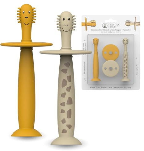 Matchstick Monkey Training Toothbrush with Stopper, for Independent Brushing, Easy to Grip Soft Silicone Handle, Antimicrobial Protection, 3 Months +, Lion & Giraffe