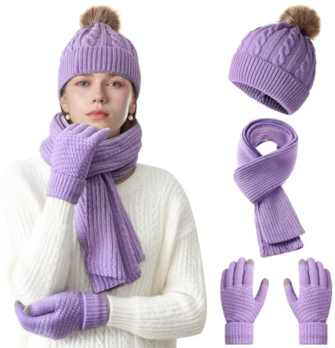 Ensemble écharpe et bonnet pour femme, écharpe chaude et douillette, ensemble d'hiver, bonnet, écharpe et gants, 3 gants d'hiver thermiques pour écran tactile, violet