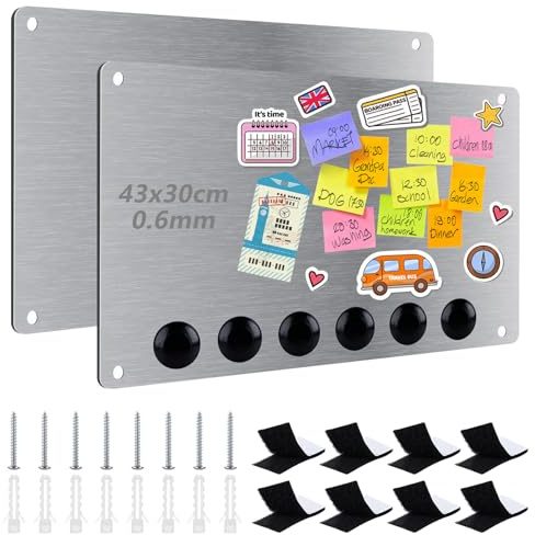 2 Pack Magnetic Board for Wall, 43 x 30cm Metal Magnet Board for Fridge, A3 Bulletin Board Notice Memo Board for Kitchen Home Office - Silver