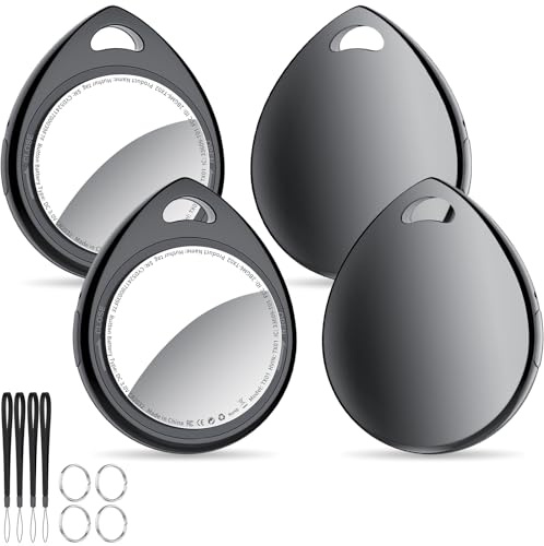 QCOQ Air Tags Finder 4 Pack Black, Key Finder Compatible with Apple Find My (iOS Only), Item Tracker with Keychain/Lanyard for Keys, Wallets, Backpacks & Travel Luggage, Replaceable Battery, 100dB