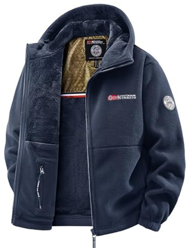 VVAULT Double-Layer Fleece Hooded Jacket,Unisex Ultra-Warm Sherpa Jacket, Men's Full-Zip Tactical Coat Sherpa Jacket's with Pockets (Navy,L)