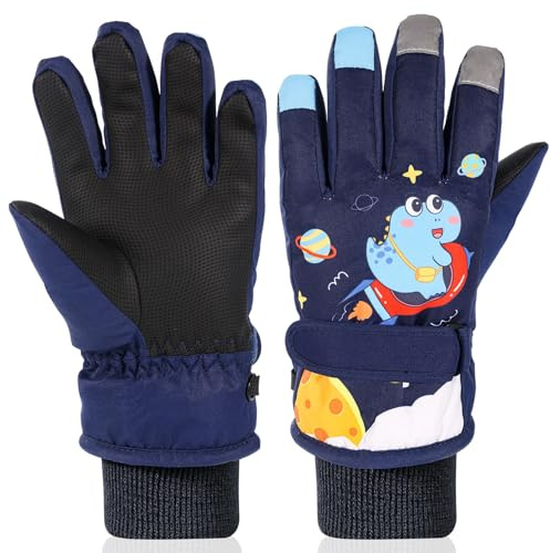 QKURT Kids Ski Gloves, Waterproof Winter Snow Gloves Ages 4-13, Snowboard Glove Insulated Thermal Cold Weather Glove with Dinosaur Pattern, for Children, Boys, Cycling, Skiing and Skating