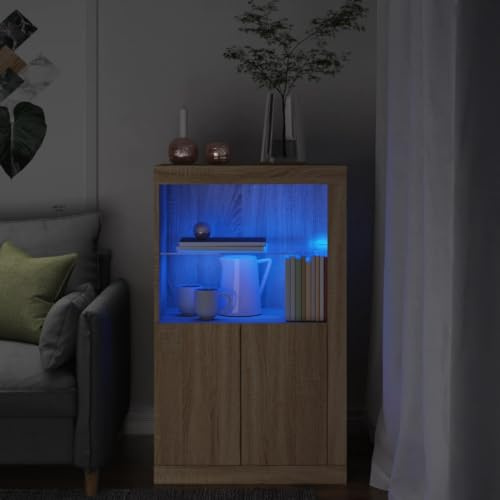 Frdhee Armoire de classement haute multifonction, armoire d'appoint avec lampes LED, bois de chêne, pour bureau, garage, peut être installée rapidement, design moderne