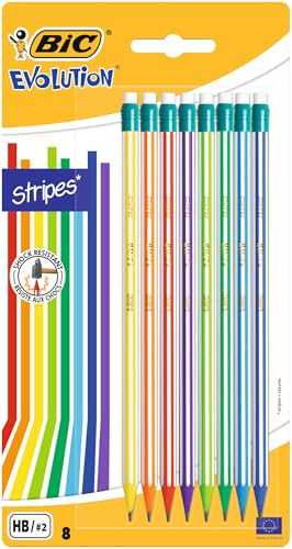 BIC Matite HB Grafite Con Gomma, Evolution Stripes, Confezione Da 8 Matite, Fusti Multicolore Vivaci