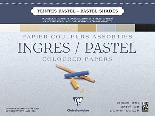 Clairefontaine - Ref 96488C - Ingres - Bloc encolado de color pastel (25 hojas), tamaño 30 x 40 cm, contenido de algodón, sin ácidos, papel de 130 g/m², colores pastel surtidos