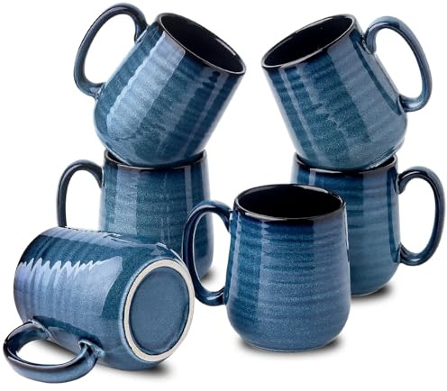 HASENSE Coffee Mugs, 12 Ounce Ceramic Coffee Mug Set of 6, Big Tea Cups with Handle for Milk, Hot Cocos, Latte, Stylish Blue Cup Gift for Man and Women, Dishwasher and Microwave Safe