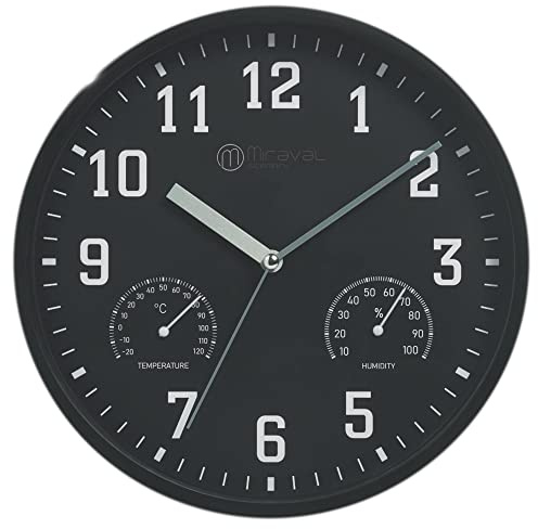 Miraval Wanduhr Thermometer Hygrometer 250 mm Küchenuhr Wohnzimmer Luftfeuchtigkeit Temperaturanzeige Analog Bürouhr Moderne Wanduhr (Schwarz)