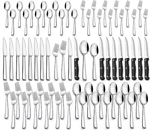 Terlulu Besteck Set 12 Personen, 72-teiliges Edelstahl Besteckset mit Steakmesser, Essbesteck Set mit Messer Gabel Löffel, Elegantes Tafelbesteck für Zuhause/Restaurant/Party, Spülmaschinenfest