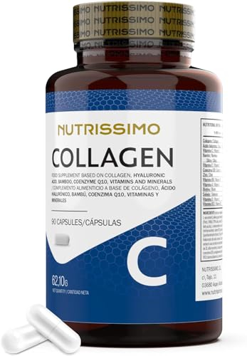 Colágeno Hidrolizado Puro +Ácido Hialurónico +Q10 +Vitaminas A,C (No Ácida),D y B12+ Zinc | Fórmula Premium en 90 Cápsulas para Piel Radiante,Regeneración de Cartílagos y Protección Ósea|Nutrissimo