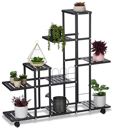 Relaxdays Blumenständer mit Rollen, H x B x T: 91,5 x 93 x 26 cm, Metall, 9 Ablagen, Pflanzenständer für innen, schwarz