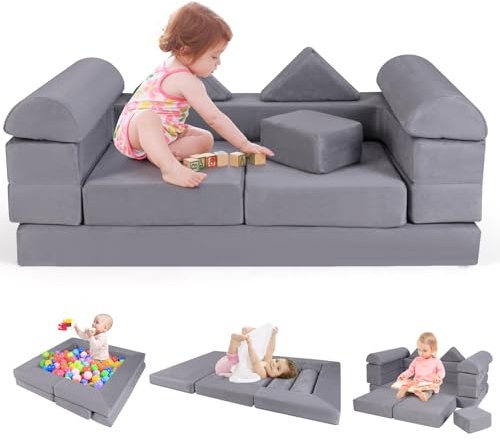 COSTWAY Kids Play Couch, 9-Piece Modular Soft Foam Playset with Detachable Suede Fabric Cover, Convertible Children Sofa Bed for Playroom Kidsroom Living Room (Grey)