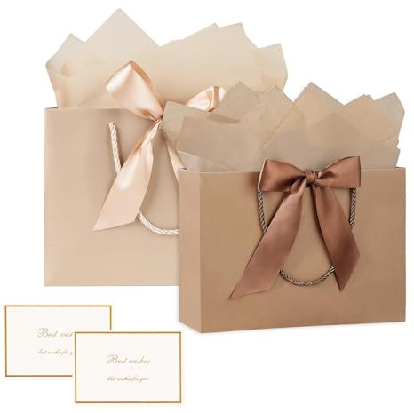 ZWWOGE Sacchetti Regalo Medi, 2 Sacchetti Regalo in Carta con 2 Veline e 2 Biglietti, Sacchetti Regalo con Manici per Donne, Ragazze, Damigella d'onore, Compleanno, San Valentino(Marrone/champagne)