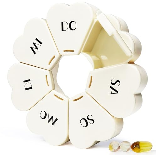 MOLN HYMY Cute Weekly Pill Box 7 Day, Round Floral Pill Case Organizer 1 time a Day, Pill Container Once Daily, Large Medcine Dispenser for Vitamin/Fish Oil/Medication/Supplements (Milky White)