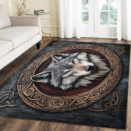 Teppich Kurzflor Kaschmirimitat Weich Strapazierfähig 100x150 cm 3D Muster Wolfskopf Totem Wikinger Druck Maschinenwaschbarer Teppich Rutschfeste Unterseite Geeignet für Balkone Korridore Restaurants