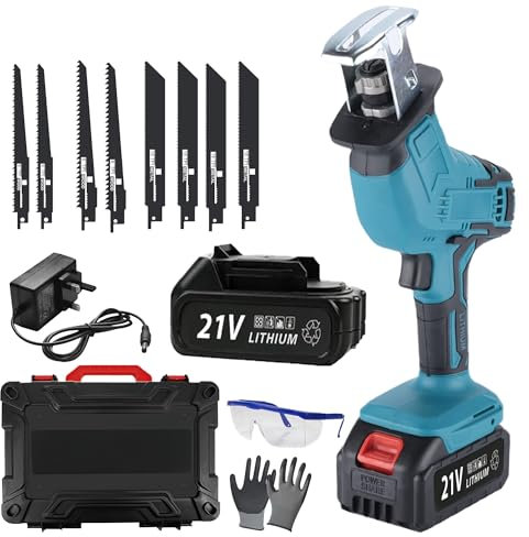 Cordless Reciprocating Saw, 0-3000SPM Variable Speed Electric Reciprocating Hand Saw, Compact Power with 2X 21V Batteries & 8X Blades for Cutting Metal PVC Wood