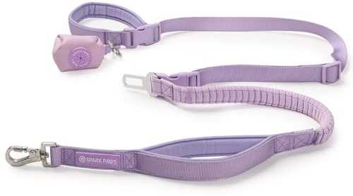 Spark Paws Handsfree Dog Leash – Shock Absorbing Waist Bungee Lead for Running, Car Seatbelt Clip & Poop Bag Set, Heavy Duty Tactical Lead for Medium, Large & X-Large Breeds - Lilac