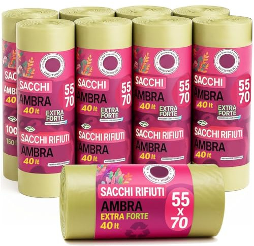 BAKAJI Set 150 Sacchetti per Spazzatura Grandi, Sacchi Immondizia in Plastica Riciclata Resistente, Busta Capacità per Sacchetto 40 Litri, Buste Resistenti alle Intemperie (Ambra 55 x 70 cm)