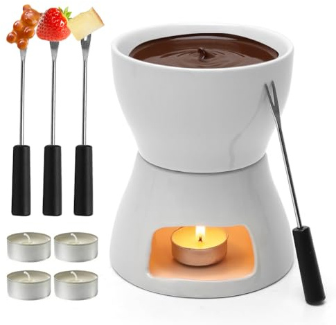 FARYODI Set di fonduta di cioccolato con 4 forchette, fonduta di cioccolato 400 ml per cioccolato e formaggio, ciotola in ceramica per 4 persone