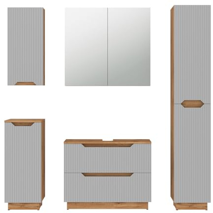 Vicco Juego de Muebles de baño Lotta, Gris, 79.6 cm, Compuesto por Mueble bajo Lavabo, Espejo, Columna Alta, Columna Media y Armario Colgante