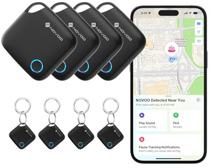 NOVOO Smart Tag con Apple Find My (Solo iOS), Localizzatore Oggetti con Allarme 80 dB, Batteria Sostituibile con Blocco Bambini, Tracker per Chiavi, Portafoglio e Bagagli, 4 Pezzi