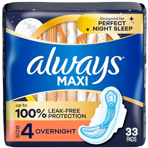 Always Maxi Overnight Pads with Wings for Women, Size 4, Overnight Absorbency, Unscented, 33 Count