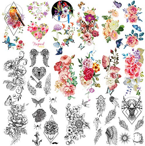Yazhiji 41 Sheets Flower Temporary Tattoos for Women Adult, Bird Feather Butterfly Words Sexy Fake Tattoos for Girls