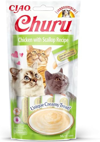 INABA Churu Snack per Gatti Cremoso con Pollo e Capesante - 1 Pack (4 Stick x 14gr) - Cibo per Gatti da Leccare, Sano e Delizioso - Snack Gatto Senza Conservanti o Coloranti Artificiali, Grain-Free
