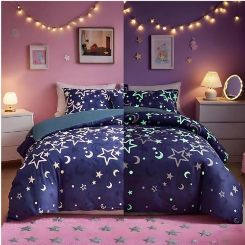Loussiesd Galaxy Glow in The Dark Duvet Cover for Girls Kids Double Blue Universe Starry Night Bedding Set Super Soft Outer Space Stars Moon Comforter Cover Set Glow