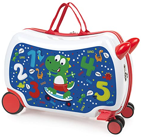ITACA - Valigia Bambina Con Seduta Comoda Trolley Cavalcabile Con Ruote Girevoli Valigia Per Bambini Leggera Colorata Design Giocoso Viaggi Divertenti Per Piccoli, Dino