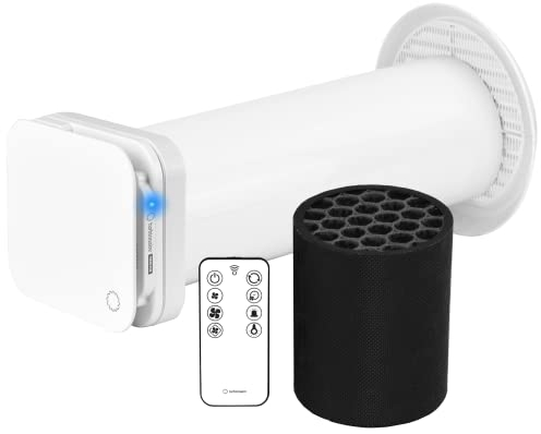 Turbionaire TREND PUR Außenluftabsaug- und Reinigungsgerät für Dauerbelüftung, HEPA-FILTER, KOHLFILTER, STAUBFILTER, Fernbedienung,bürstenloser Gleichstrommotor,6 Geschwindigkeiten + Boost,100 mm,weiß
